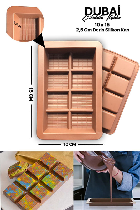 8 Compartment Dubai Chocolate Mold Silicone Chocolate Mold Depth 2.5 Cm, 10 X 15cm