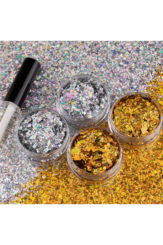 Epoxy 4x10ml Chunky Glitter Set Gold & Silver Face Body Chunky Glitter