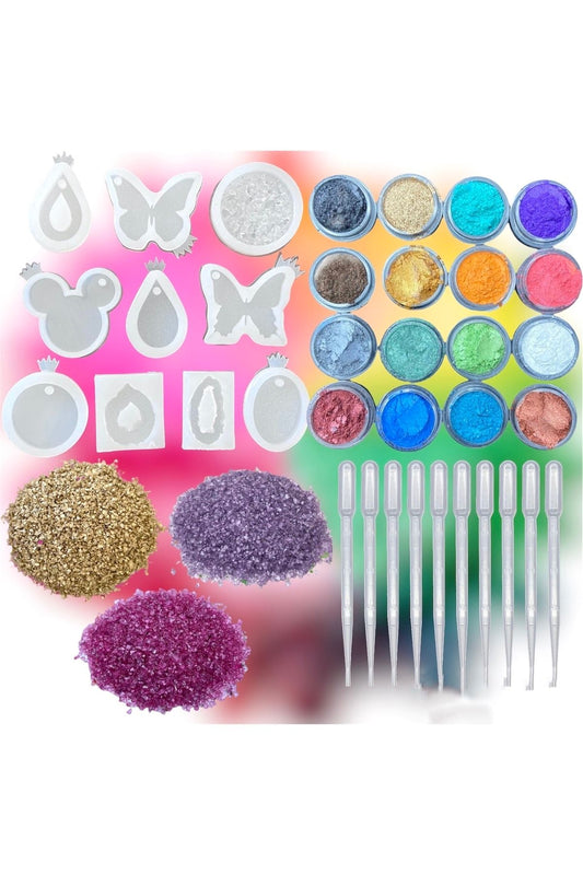 Epoxy Starter Set 39 Pieces, Epoxy Mold 10 Pieces, 19 Pieces Pigment, 3 Pieces Crystal Glasses