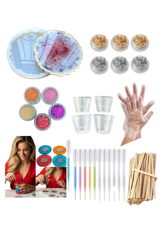 56 Piece Epoxy Starter Kit Silicone Mold Gold Leaf Glitter Casting Cup Dropper Pipette