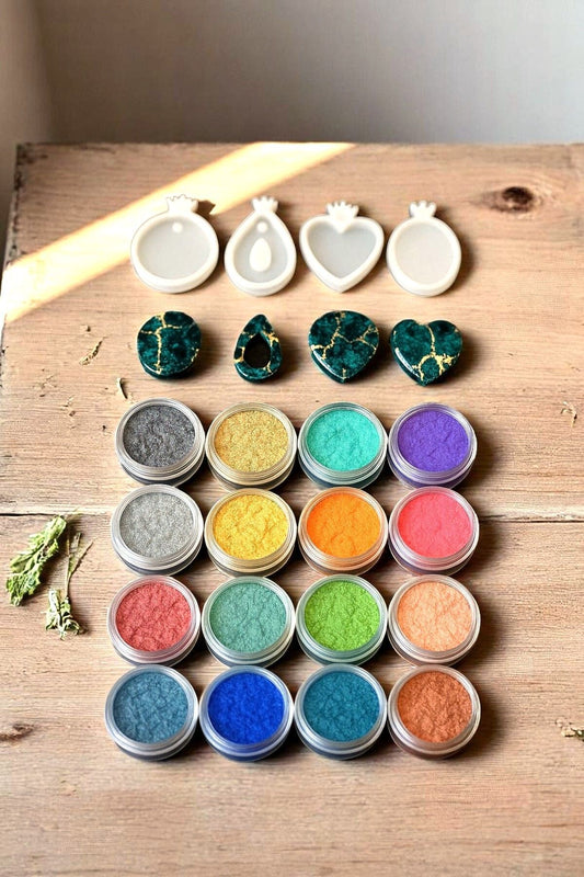 Epoxy Resin 16 Powder Pigment Paint Set and 4 Silicone Mold Set